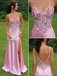 Pink Sparkly Satin Slit Formal Evening Gown Spaghetti Straps Backless Party Dress for Wedding Guest, PD4211