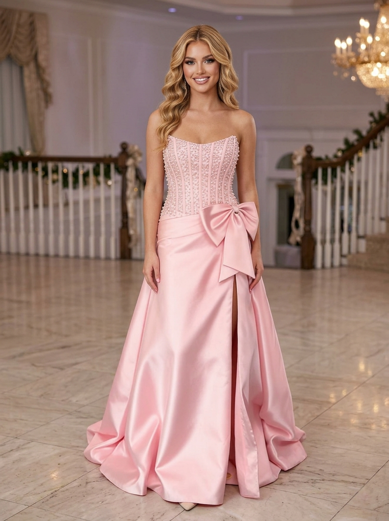 Pink Beaded Corset Prom Dress Satin Slit Formal Evening Gown Big Bow S – SposaBridal