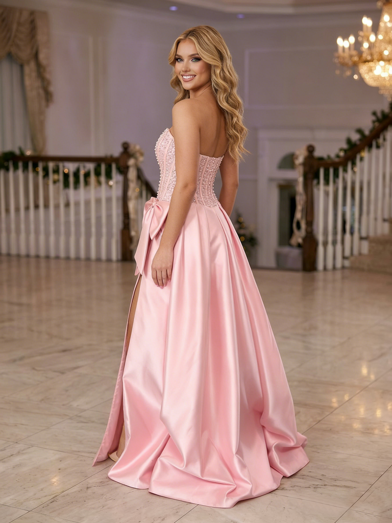 Pink Beaded Corset Prom Dress Satin Slit Formal Evening Gown Big Bow S – SposaBridal