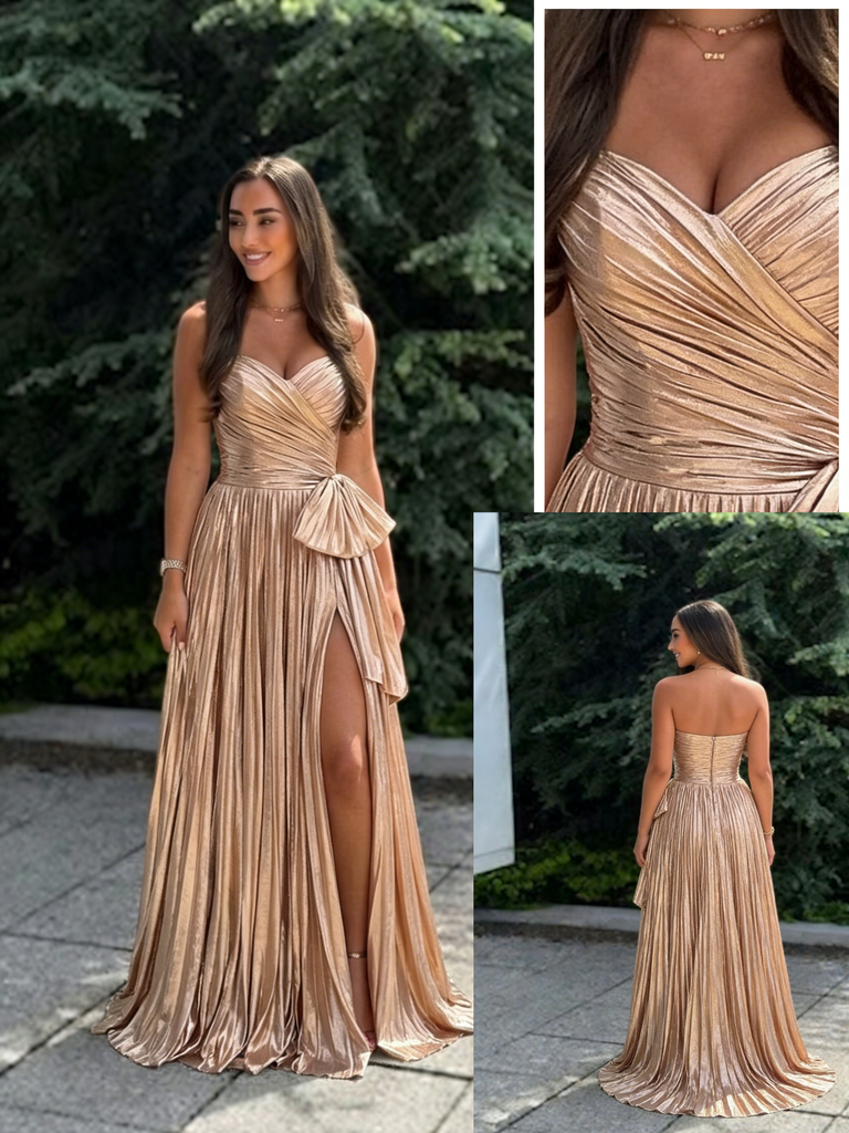 Sparkly Gold Pleated Ruched V-Neck Formal Evening Gown Bow Slit Backless Party Dress, PD4214