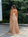 Sparkly Gold Pleated Ruched V-Neck Formal Evening Gown Bow Slit Backless Party Dress, PD4214