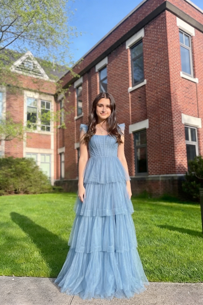 Dusty Blue Tulle Tiered Corset Formal Gown Square Neck Slit Party Dress for Prom, PD4215
