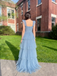 Dusty Blue Tulle Tiered Corset Formal Gown Square Neck Slit Party Dress for Prom, PD4215