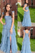 Dusty Blue Tulle Tiered Corset Formal Gown Square Neck Slit Party Dress for Prom, PD4215