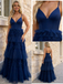 Navy Blue Tulle Spaghetti Straps V-Neck Tiered Corset Formal Gown Party Dress for Prom, PD4216