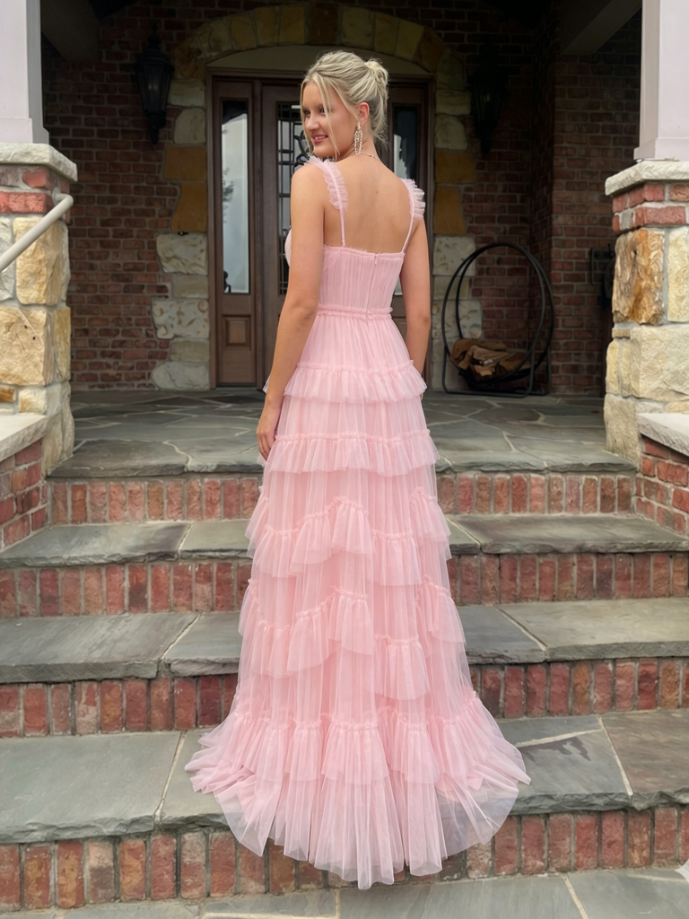 Romantic Pink Tiered Tulle Ruffle V-Neck Spaghetti Strap Long Formal Gown for Graduation, PD4217