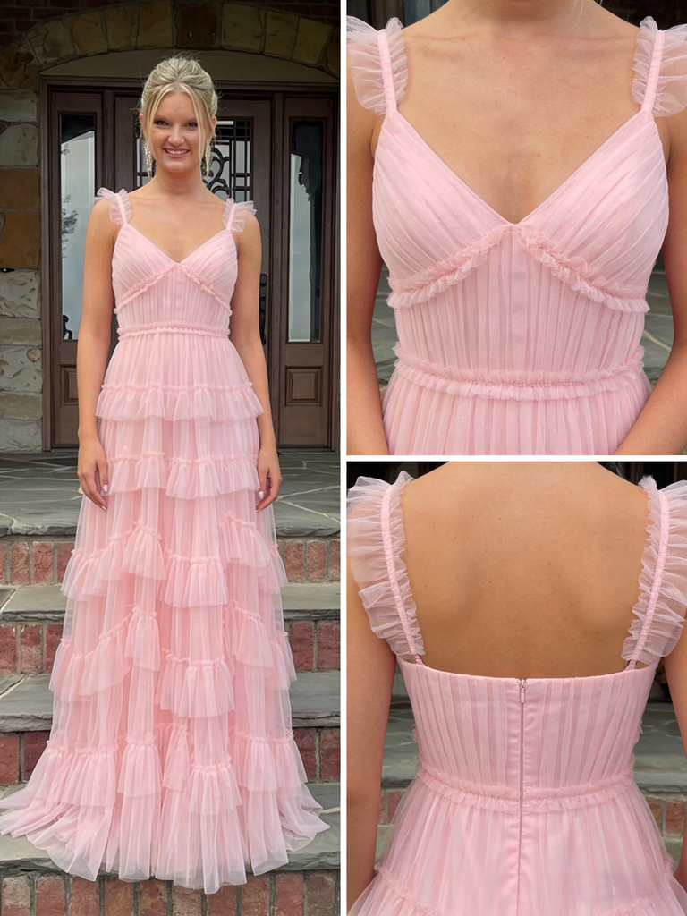 Romantic Pink Tiered Tulle Ruffle V-Neck Spaghetti Strap Long Formal Gown for Graduation, PD4217