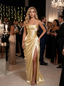Sparkly Satin Strapless Ruched High Slit Mermaid Formal Evening Gown for Women, PD4218