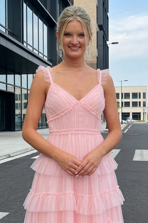 Romantic Pink Tiered Tulle Ruffle V-Neck Spaghetti Strap Long Formal Gown for Graduation, PD4217