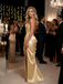 Sparkly Satin Strapless Ruched High Slit Mermaid Formal Evening Gown for Women, PD4218