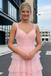 Romantic Pink Tiered Tulle Ruffle V-Neck Spaghetti Strap Long Formal Gown for Graduation, PD4217