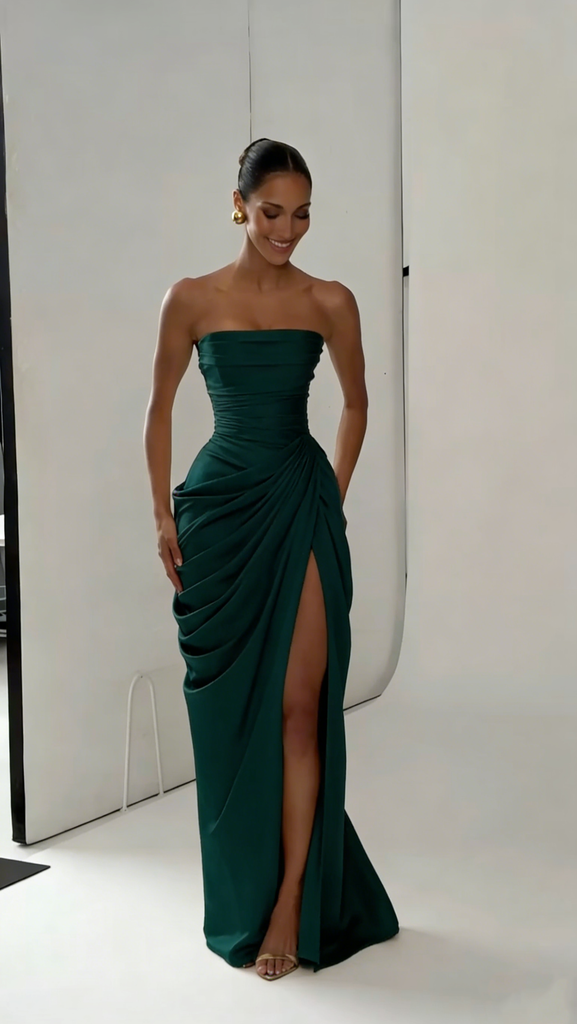 Sparkly Satin Strapless Ruched High Slit Mermaid Formal Evening Gown for Women, PD4218