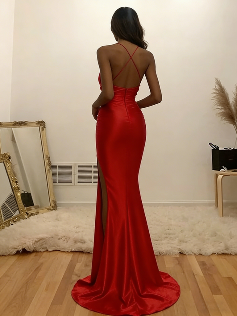 Sexy Red Soft Satin V-Neck High Slit Mermaid Maxi Formal Evening Gown SposaBridal Sexy Red Soft Satin V-Neck High Slit Mermaid Maxi Formal Evening Gown SposaBridal