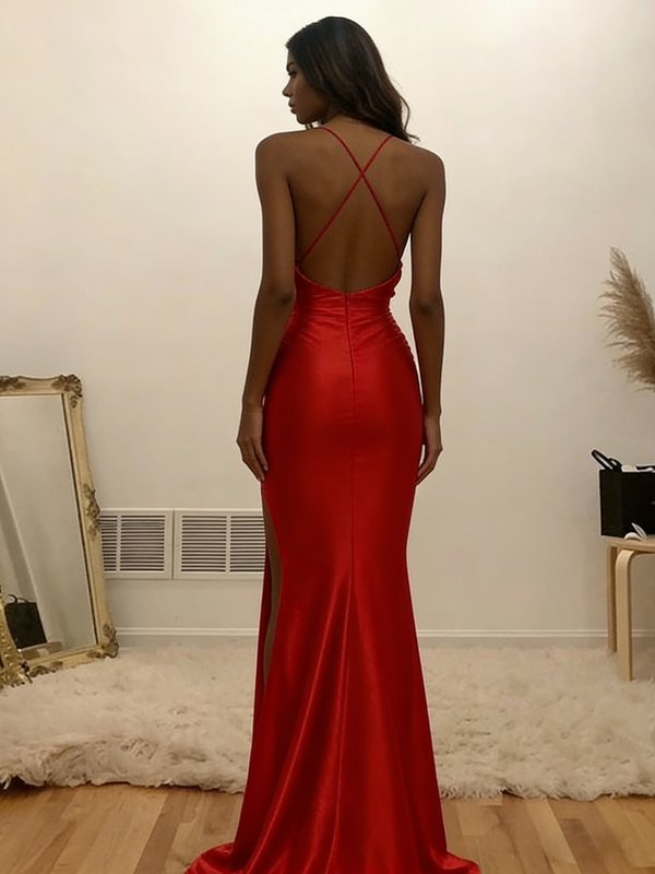 Sexy Red Soft Satin V-Neck High Slit Mermaid Maxi Formal Evening Gown SposaBridal Sexy Red Soft Satin V-Neck High Slit Mermaid Maxi Formal Evening Gown SposaBridal