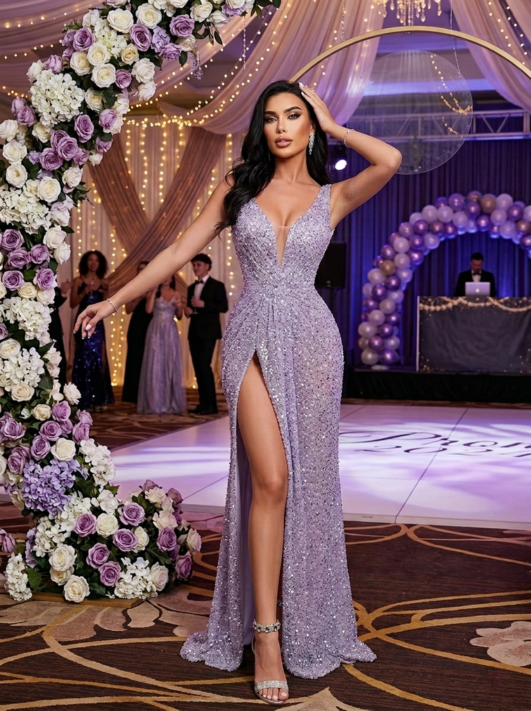 Sparkly Lavender Sequin V-Neck High Slit Mermaid Formal Evening Gown f SposaBridal Sparkly Lavender Sequin V-Neck High Slit Mermaid Formal Evening Gown f SposaBridal