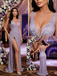 Sparkly Lavender Sequin V-Neck High Slit Mermaid Formal Evening Gown for Party, PD4223