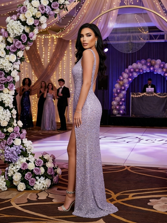 Sparkly Lavender Sequin V-Neck High Slit Mermaid Formal Evening Gown for Party, PD4223