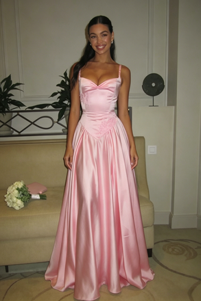 Dreamy Blush Pink Satin Spaghetti Straps A-Line Prom Dresses with Lace Applique, PD4224