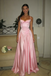 Dreamy Blush Pink Satin Spaghetti Straps A-Line Prom Dresses with Lace Applique, PD4224