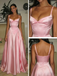 Dreamy Blush Pink Satin Spaghetti Straps A-Line Prom Dresses with Lace Applique, PD4224