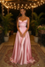 Dreamy Blush Pink Satin Spaghetti Straps A-Line Prom Dresses with Lace Applique, PD4224
