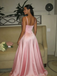 Dreamy Blush Pink Satin Spaghetti Straps A-Line Prom Dresses with Lace Applique, PD4224