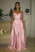 Dreamy Blush Pink Satin Spaghetti Straps A-Line Prom Dresses with Lace Applique, PD4224