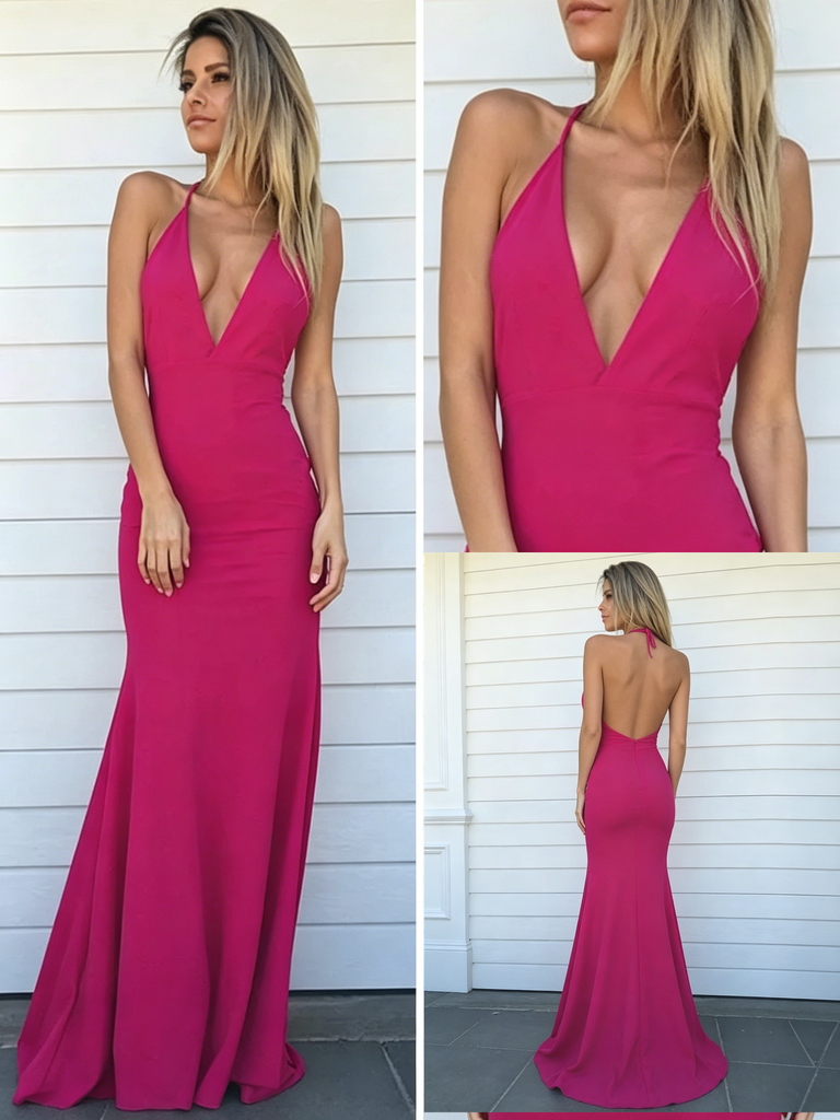 Stunning Hot Pink Halter Deep V-Neck Mermaid Open Back Prom Dress, PD4225