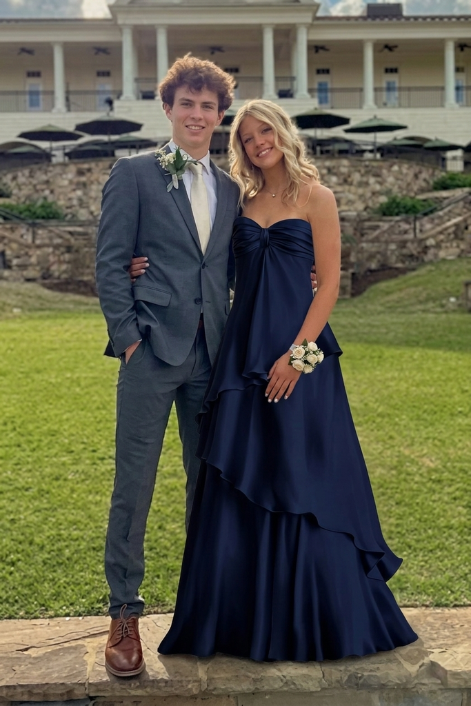 Navy Blue Strapless Satin Prom Dress, Elegant Ruffled Tiered Formal Go SposaBridal Navy Blue Strapless Satin Prom Dress, Elegant Ruffled Tiered Formal Go SposaBridal