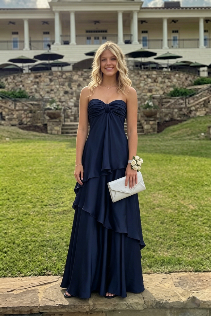 Navy Blue Strapless Satin Prom Dress, Elegant Ruffled Tiered Formal Go –  SposaBridal