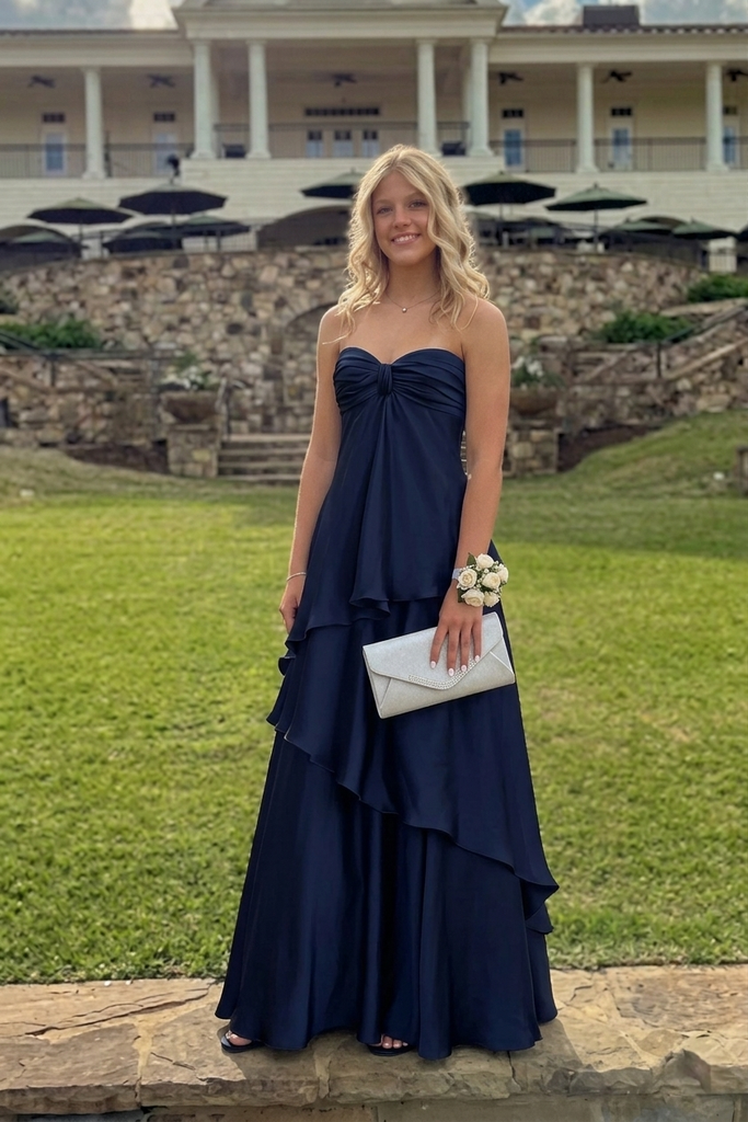 Navy Blue Strapless Satin Prom Dress, Elegant Ruffled Tiered Formal Go SposaBridal Navy Blue Strapless Satin Prom Dress, Elegant Ruffled Tiered Formal Go SposaBridal
