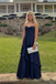 Navy Blue Strapless Satin Prom Dress, Elegant Ruffled Tiered Formal Gown for Graduation, PD4226