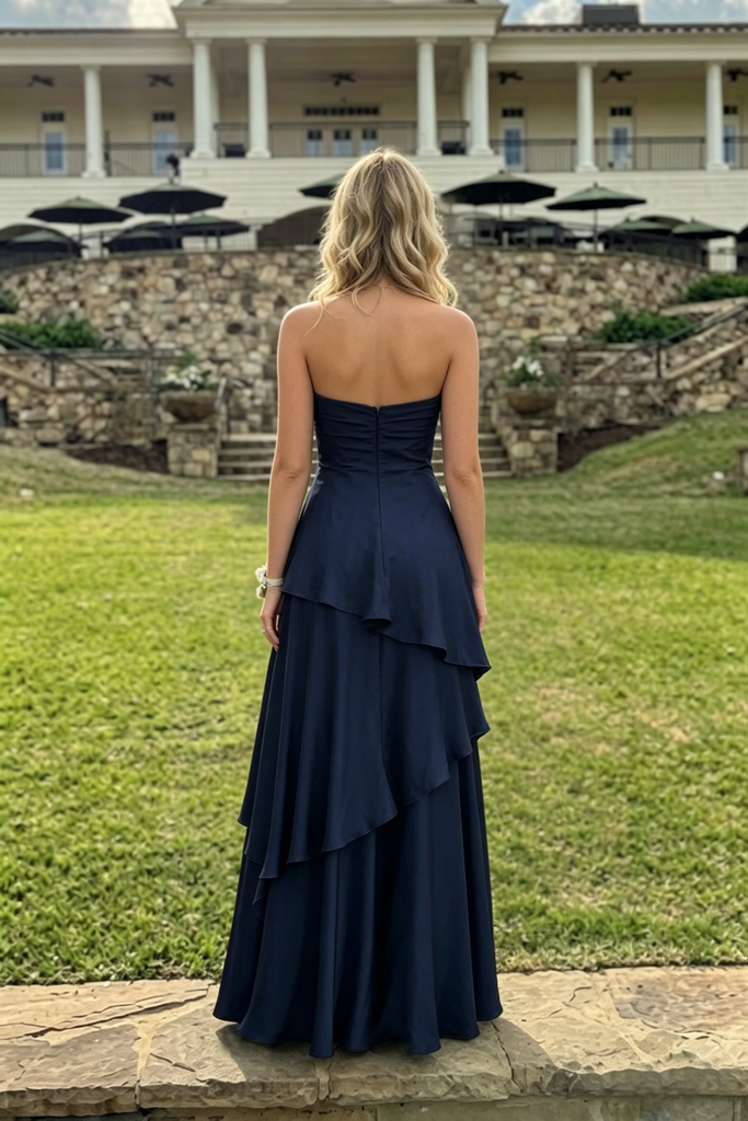 Navy Blue Strapless Satin Prom Dress, Elegant Ruffled Tiered Formal Go SposaBridal Navy Blue Strapless Satin Prom Dress, Elegant Ruffled Tiered Formal Go SposaBridal