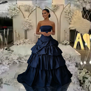 Navy Blue Strapless Satin Ball Gown, Luxury Tiered Ruffled Prom Dress for Formal Events, PD4227