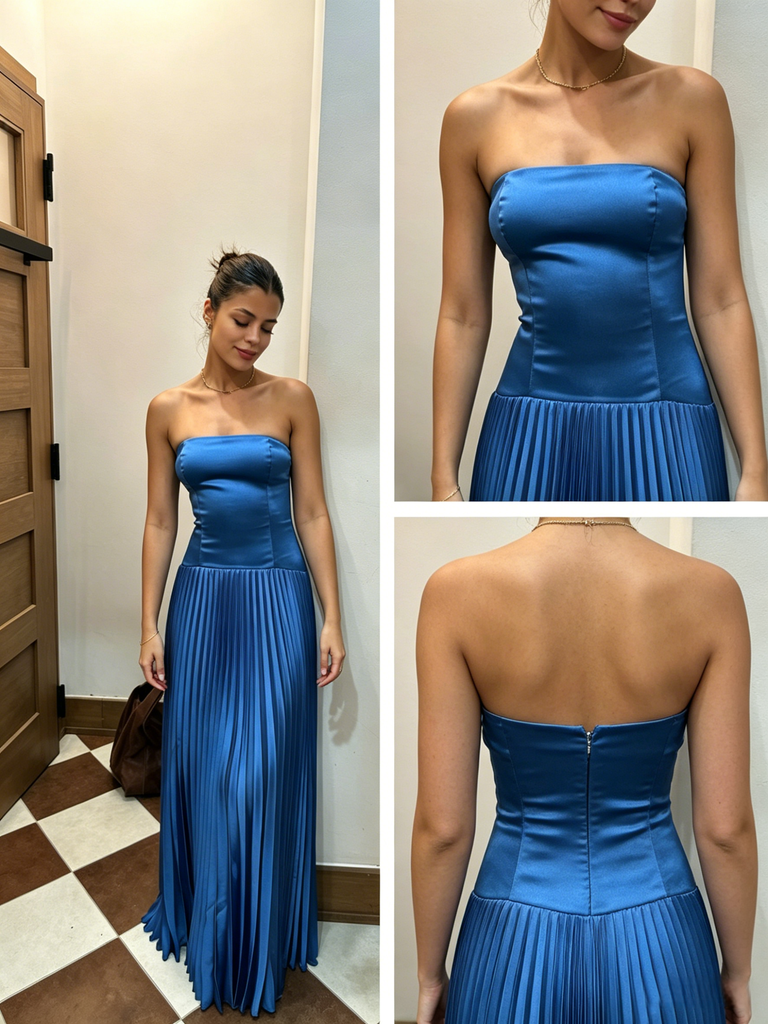 Chic Royal Blue Strapless Pleated Satin Prom Dress, Sleek Formal Gown for Cocktail Party, PD4228