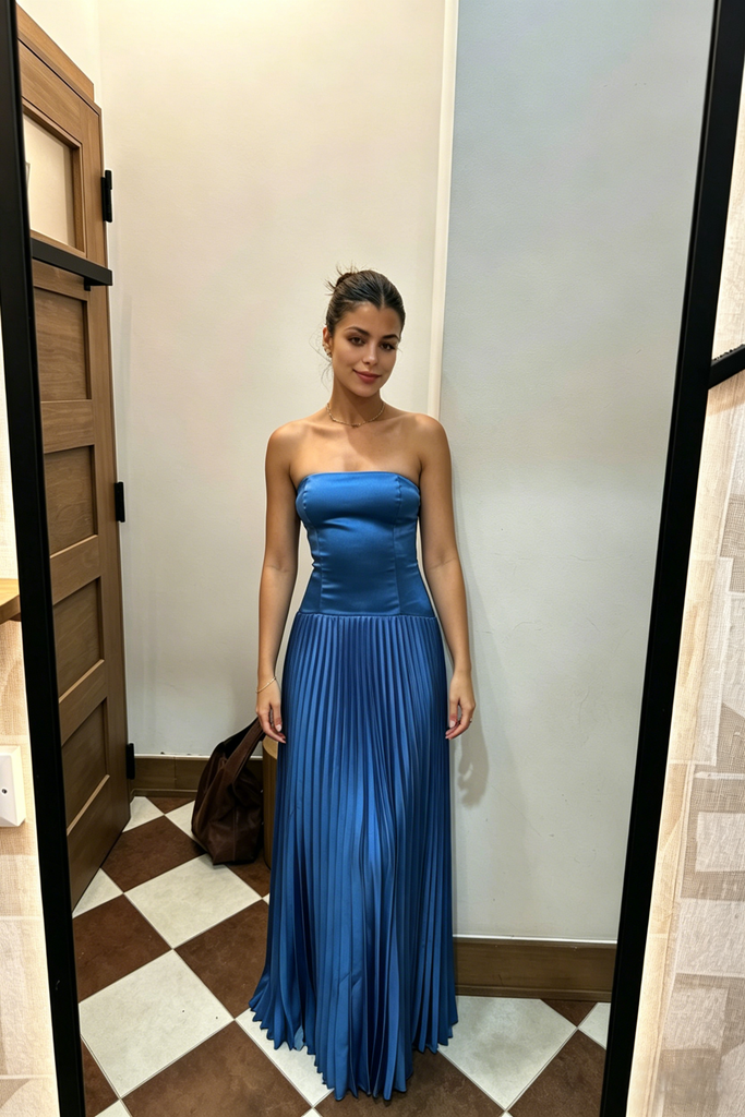 Chic Royal Blue Strapless Pleated Satin Prom Dress, Sleek Formal Gown for Cocktail Party, PD4228