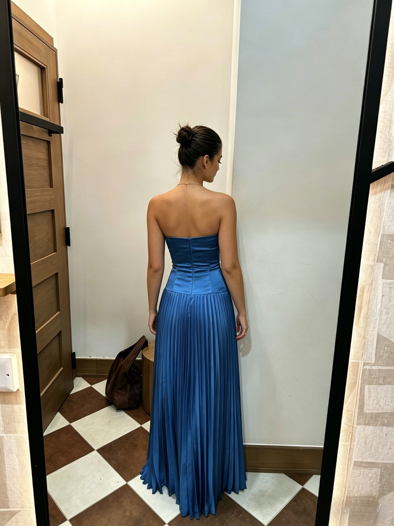 Chic Royal Blue Strapless Pleated Satin Prom Dress, Sleek Formal Gown for Cocktail Party, PD4228