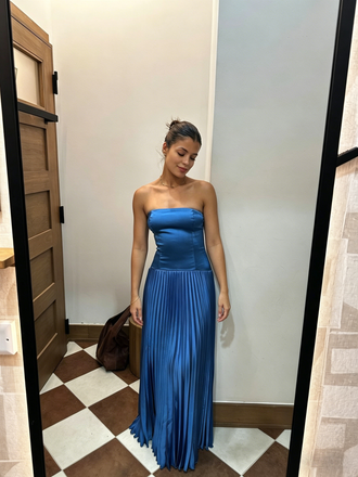 Chic Royal Blue Strapless Pleated Satin Prom Dress, Sleek Formal Gown for Cocktail Party, PD4228