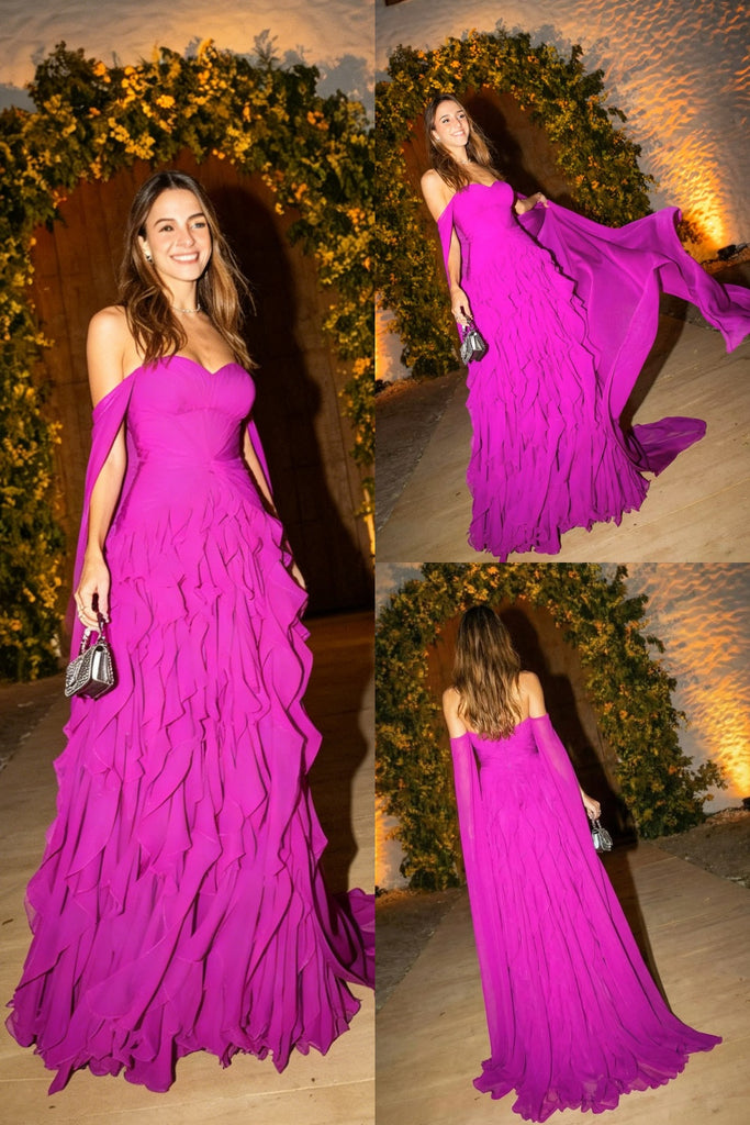 Flowy Fuchsia Off Shoulder Ruffle Chiffon Formal Evening Gown for Wedding&Gala&Party, PD4230