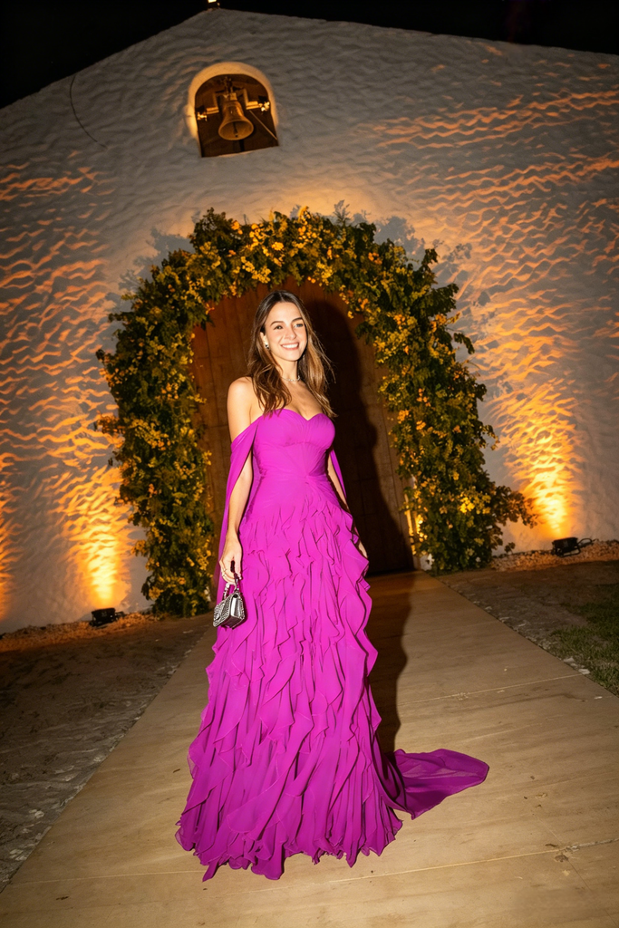 Flowy Fuchsia Off Shoulder Ruffle Chiffon Formal Evening Gown for Wedding&Gala&Party, PD4230