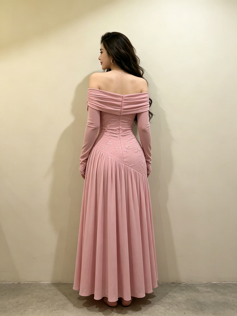 Pink Off Shoulder Long Sleeve Embroidered Prom Dress | Elegant Formal Evening Gown, PD4231
