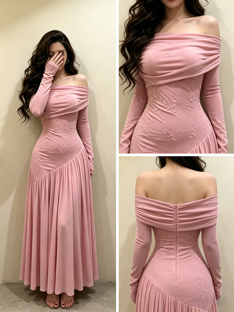 Pink Off Shoulder Long Sleeve Embroidered Prom Dress Pink Off Shoulder Long Sleeve Embroidered Prom Dress