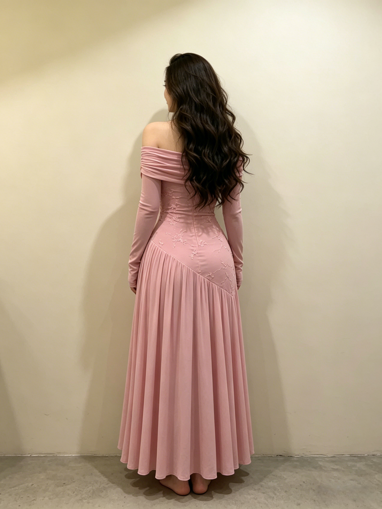 Pink Off Shoulder Long Sleeve Embroidered Prom Dress | Elegant Formal Evening Gown, PD4231