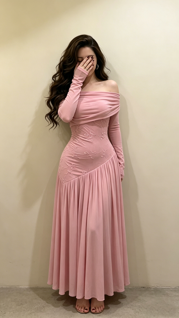 Pink Off Shoulder Long Sleeve Embroidered Prom Dress | Elegant Formal Evening Gown, PD4231