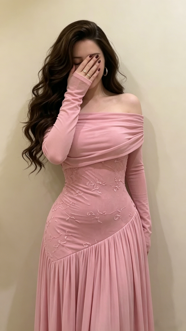 Pink Off Shoulder Long Sleeve Embroidered Prom Dress Pink Off Shoulder Long Sleeve Embroidered Prom Dress