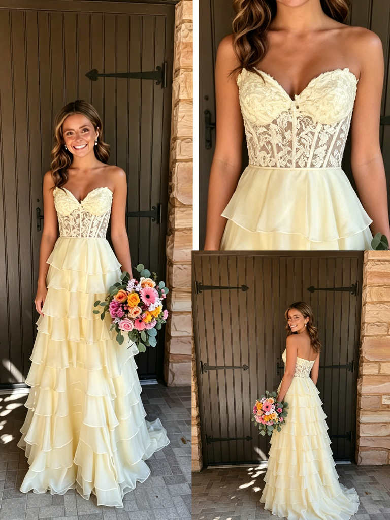 Cream Strapless Lace Corset Tiered Ruffle Wedding Dress Bridal Gown, PD4232
