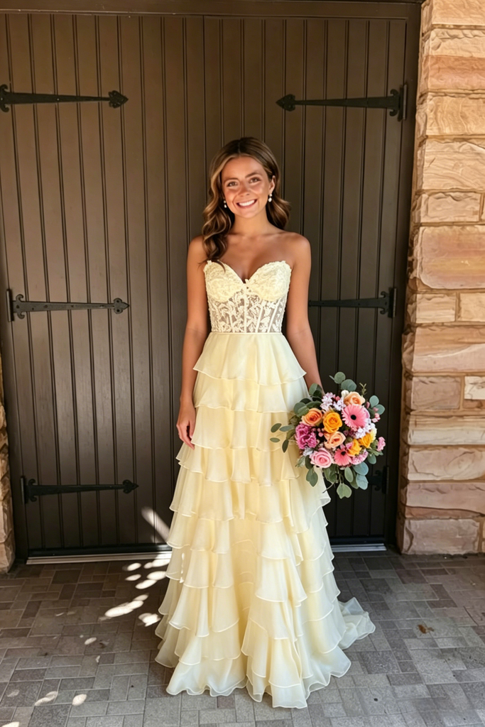 Cream Strapless Lace Corset Tiered Ruffle Wedding Dress Bridal Gown, PD4232