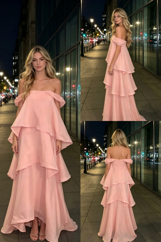 Dreamy Pink Off Shoulder Tiered Maxi Dress, Elegant Formal Evening Gown for Prom & Wedding Guest, PD4233