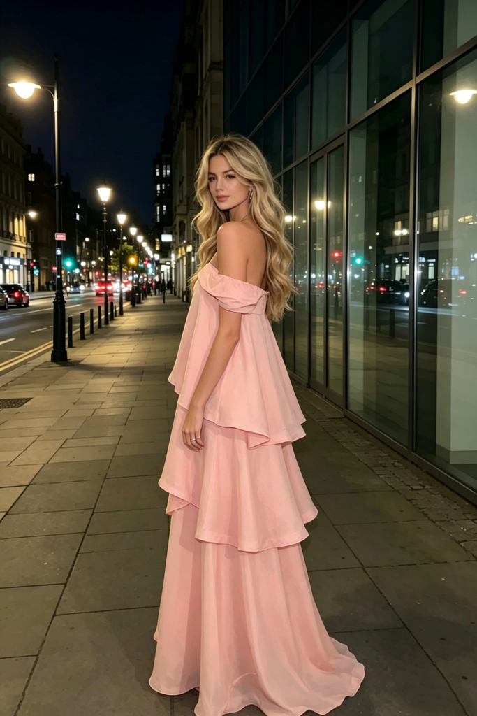 Dreamy Pink Off Shoulder Tiered Maxi Dress, Elegant Formal Evening Gow – SposaBridal Dreamy Pink Off Shoulder Tiered Maxi Dress, Elegant Formal Evening Gow – SposaBridal