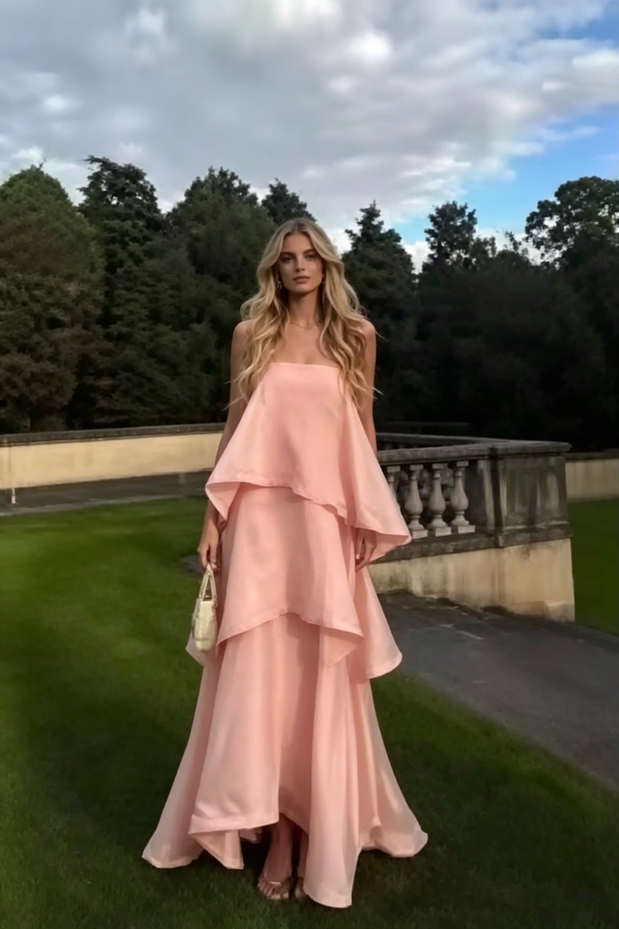 light pink flowy dress Romantic Pink Strapless Tiered Maxi Dress, Flowy Formal Gown Perfect f – SposaBridal